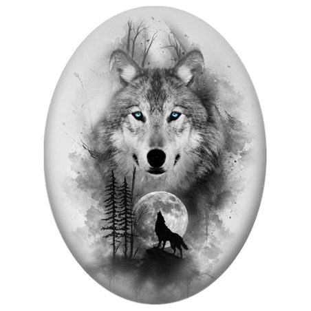 Cabochon en Verre Illustré Loup aux Yeux Bleus et Appel de la Lune 13x18, 18x25 ou 30x40mm