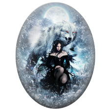 Cabochon en Verre Illustré Femme Gothique et Loup Blanc sous la Lune pour la Création de Bijoux Fantaisie - DIY