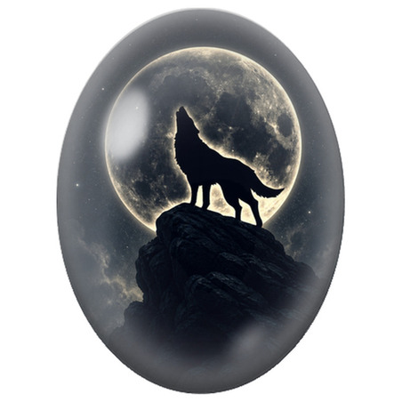 Cabochon en Verre Illustré Loup Hurlant devant la Pleine Lune 13x18, 18x25 ou 30x40mm