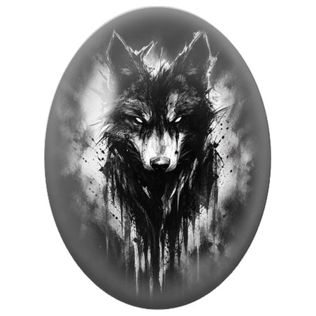 Cabochon en Verre Illustré Loup Sombre au Regard Blanc 13x18, 18x25 ou 30x40mm
