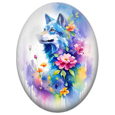 Cabochon en Verre Illustré Loup Bleu aux Fleurs Multicolores pour la Création de Bijoux Fantaisie - DIY