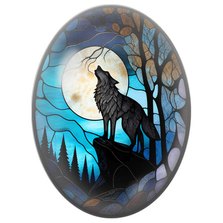 Cabochon en Verre Illustré Loup Hurlant en Vitrail sous la Lune 13x18, 18x25 ou 30x40mm