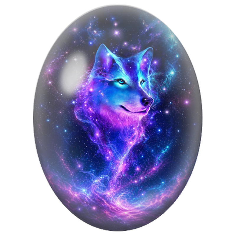 Cabochon en Verre Illustré Loup Cosmique Bleu et Violet pour la Création de Bijoux Fantaisie - DIY