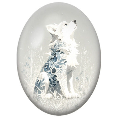 Cabochon en Verre Illustré Loup Blanc aux Motifs Botaniques 13x18, 18x25 ou 30x40mm