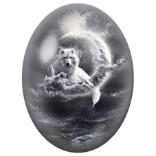 Cabochon en Verre Illustré Loup Blanc sur un Croissant de Lune pour la Création de Bijoux Fantaisie - DIY