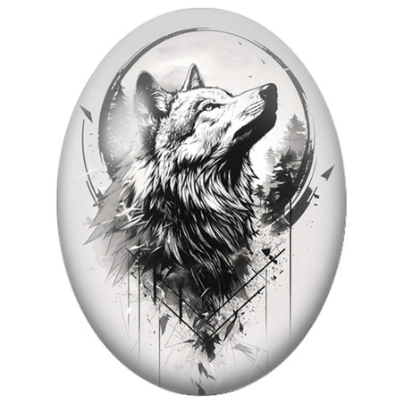 Cabochon en Verre Illustré Loup Hurlant au Graphisme Noir 13x18, 18x25 ou 30x40mm