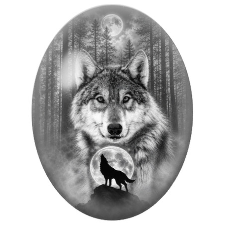 Cabochon en Verre Illustré Loup sous les Deux Pleines Lunes 13x18, 18x25 ou 30x40mm