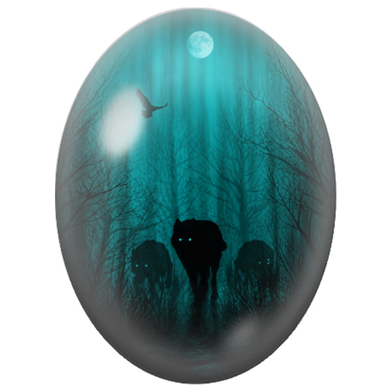 Cabochon en Verre Illustré Meute de Loups dans la Forêt Turquoise pour la Création de Bijoux Fantaisie - DIY
