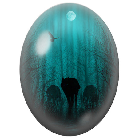 Cabochon en Verre Illustré Meute de Loups dans la Forêt Turquoise 13x18, 18x25 ou 30x40mm