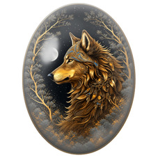 Cabochon en Verre Illustré Loup Doré sous le Croissant de Lune pour la Création de Bijoux Fantaisie - DIY