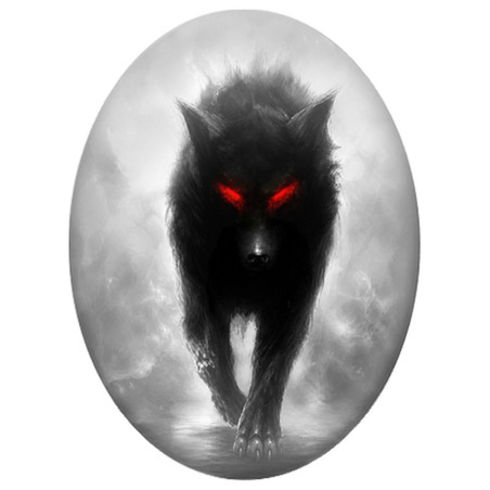 Cabochon en Verre Illustré Loup Noir aux Yeux Rouges 13x18, 18x25 ou 30x40mm