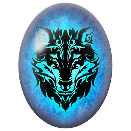 Cabochon en Verre Illustré Loup Tribal Noir et Bleu 13x18, 18x25 ou 30x40mm