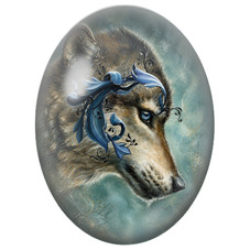 Cabochon en Verre Illustré Loup à l’Œil Bleu et aux Fleurs pour la Création de Bijoux Fantaisie - DIY