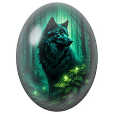 Cabochon en Verre Illustré Loup Noir dans la Forêt Émeraude pour la Création de Bijoux Fantaisie - DIY