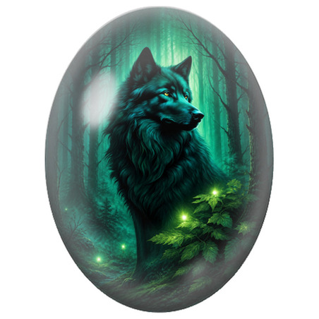 Cabochon en Verre Illustré Loup Noir dans la Forêt Émeraude 13x18, 18x25 ou 30x40mm