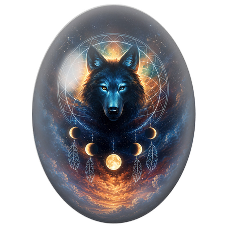 Cabochon en Verre Illustré Loup Cosmique aux Phases de la Lune pour la Création de Bijoux Fantaisie - DIY