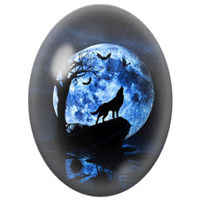 Cabochon en Verre Illustré Loup Hurlant sous la Lune Bleue pour la Création de Bijoux Fantaisie - DIY