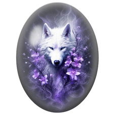 Cabochon en Verre Illustré Loup Blanc aux Fleurs Violettes pour la Création de Bijoux Fantaisie - DIY