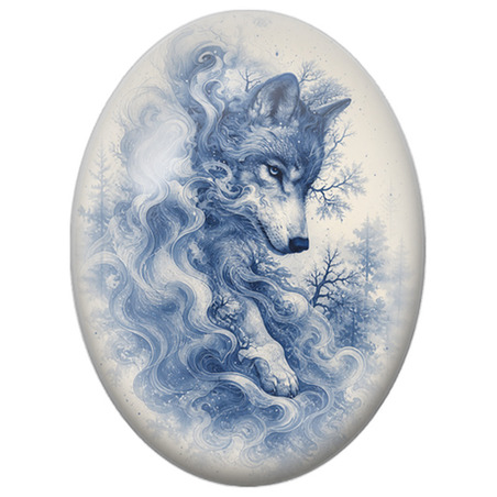 Cabochon en Verre Illustré Loup dans les Vagues Bleues 13x18, 18x25 ou 30x40mm