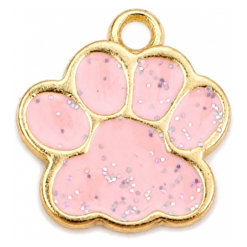 2 Breloques Patte Chat/Chien Émail Rose Métal Doré 17x16mm