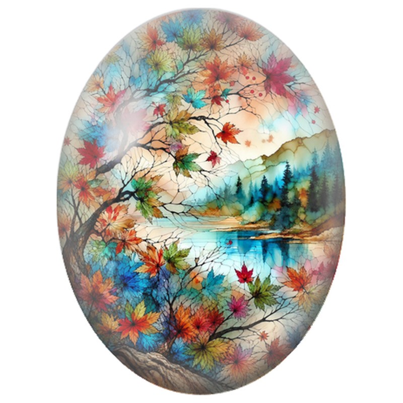 Cabochon en Verre Illustré Arbre d’Automne au Bord du Lac 13x18, 18x25 ou 30x40mm