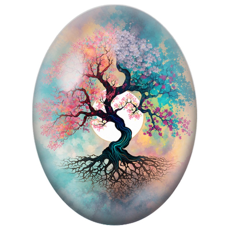 Cabochon en Verre Illustré Arbre de Vie aux Fleurs Colorées 13x18, 18x25 ou 30x40mm