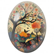 Cabochon en Verre Illustré Arbre Folk aux Fleurs et aux Oiseaux 13x18, 18x25 ou 30x40mm pour la Création de Bijoux Fantaisie - D