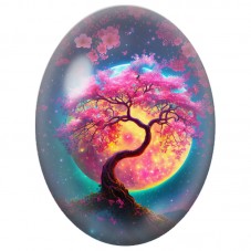 Cabochon en Verre Illustré Arbre Fleuri sous une Lune Rose 13x18, 18x25 ou 30x40mm pour la Création de Bijoux Fantaisie - DIY