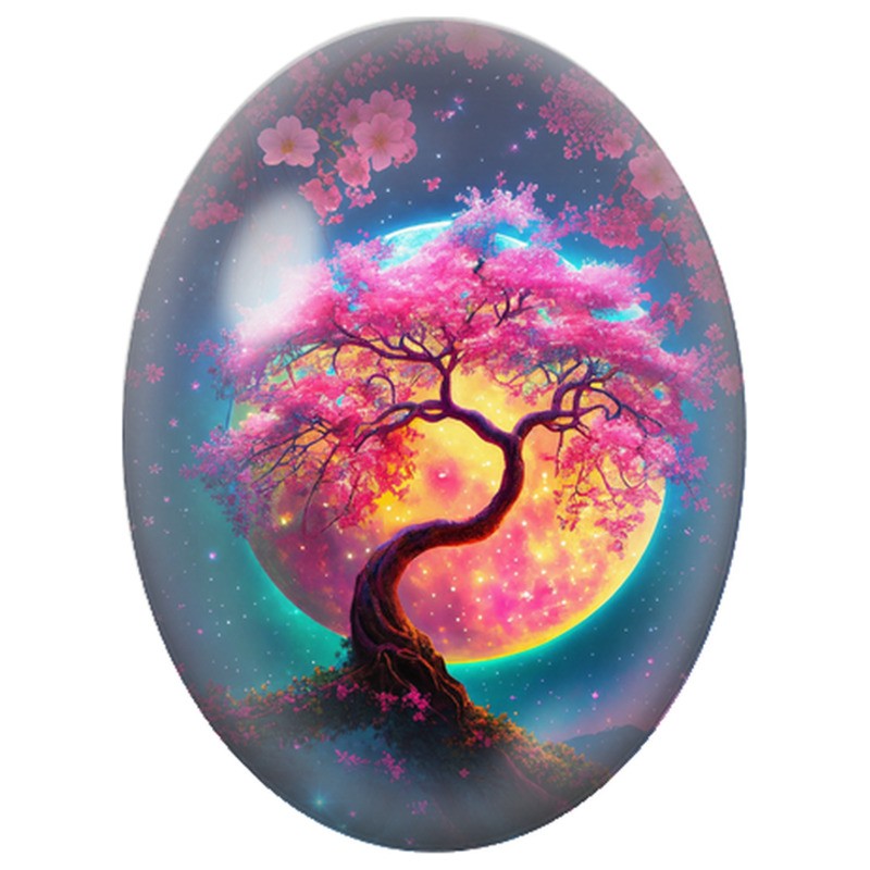 Cabochon en Verre Illustré Arbre Fleuri sous une Lune Rose 13x18, 18x25 ou 30x40mm