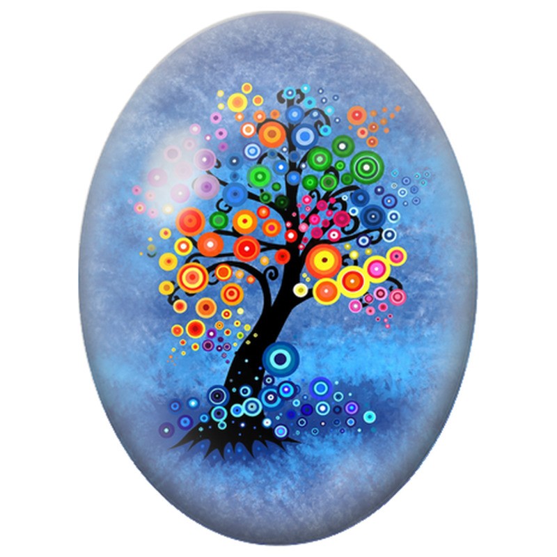 Cabochon en Verre Illustré Arbre aux Cercles sur Fond Bleu 13x18, 18x25 ou 30x40mm