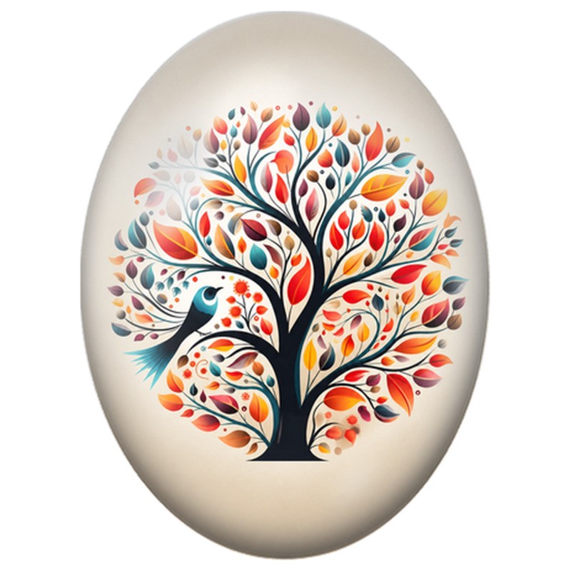Cabochon en Verre Illustré Arbre d’Automne au Petit Oiseau 13x18, 18x25 ou 30x40mm