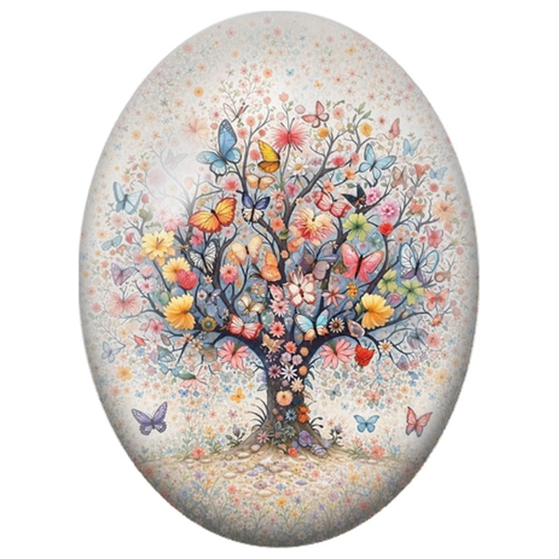 Cabochon en Verre Illustré Arbre aux Fleurs et aux Papillons 13x18, 18x25 ou 30x40mm