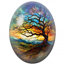Cabochon en Verre Illustré Arbre en Vitrail au Soleil Couchant 13x18, 18x25 ou 30x40mm pour la Création de Bijoux Fantaisie - DI