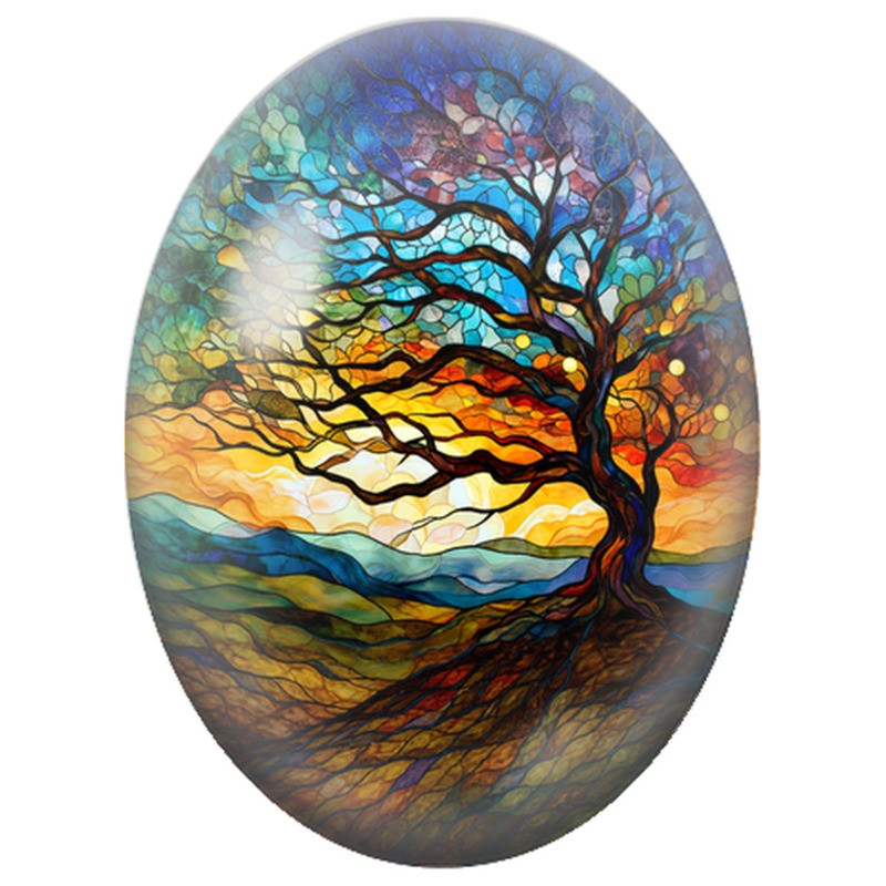 Cabochon en Verre Illustré Arbre en Vitrail au Soleil Couchant 13x18, 18x25 ou 30x40mm