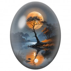 Cabochon en Verre Illustré Arbre au Clair de Lune sur le Lac 13x18, 18x25 ou 30x40mm pour la Création de Bijoux Fantaisie - DIY