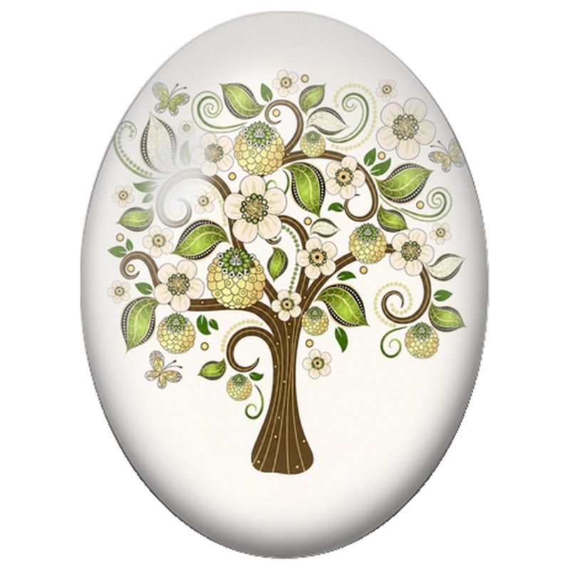 Cabochon en Verre Illustré Arbre Fleuri Vert et Or aux Papillons 13x18, 18x25 ou 30x40mm