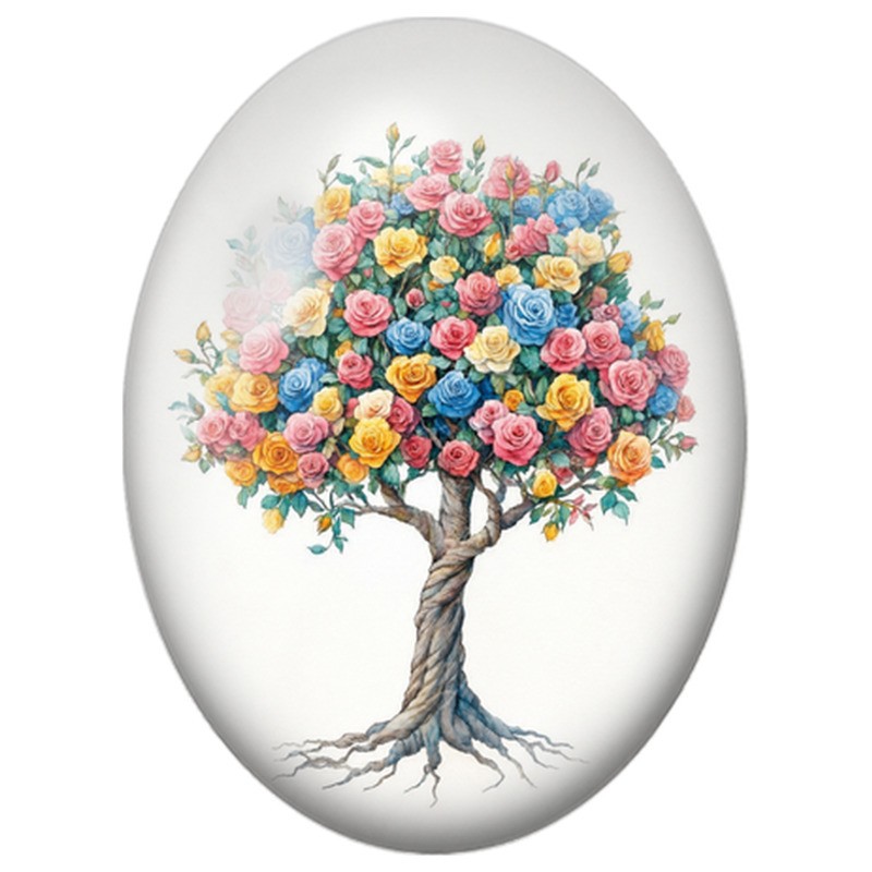 Cabochon en Verre Illustré Arbre aux Roses Multicolores 13x18, 18x25 ou 30x40mm