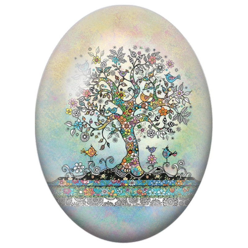 Cabochon en Verre Illustré Arbre Fantaisie aux Oiseaux 13x18, 18x25 ou 30x40mm