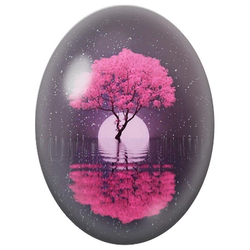 Cabochon en Verre Illustré Arbre Rose Refleté sous les Étoiles 13x18, 18x25 ou 30x40mm