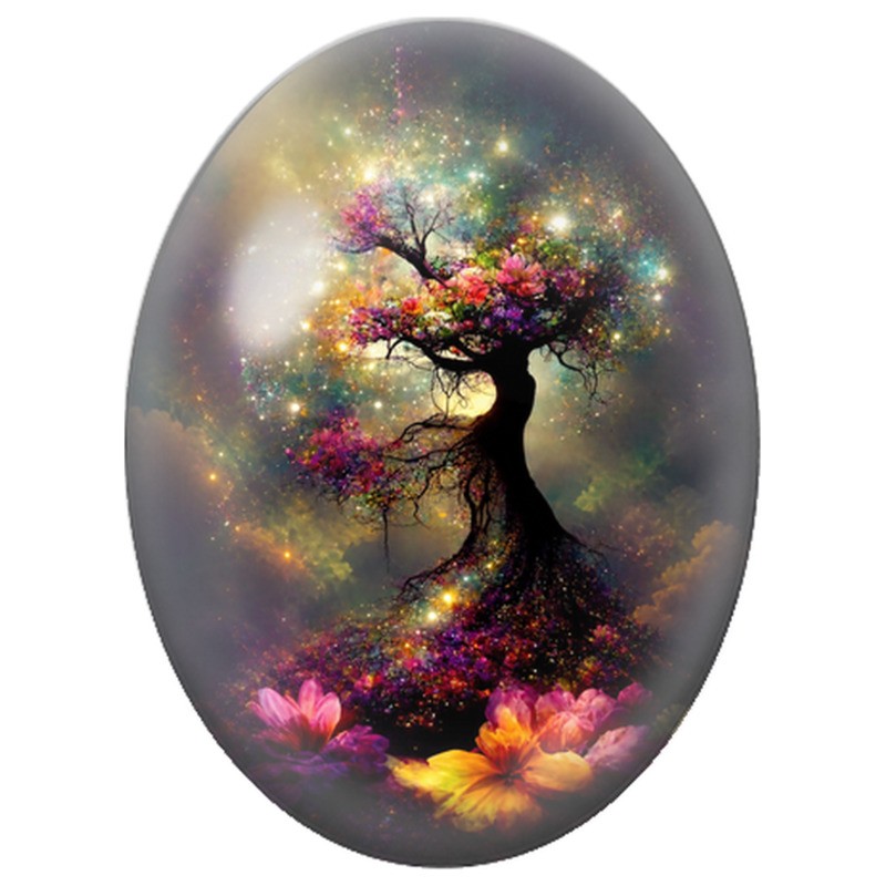 Cabochon en Verre Illustré Arbre Cosmique aux Fleurs Lumineuses 13x18, 18x25 ou 30x40mm