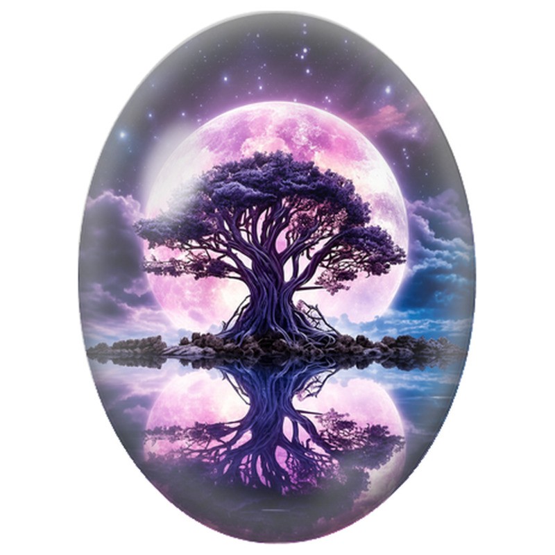 Cabochon en Verre Illustré Arbre Violet sous une Lune Géante 13x18, 18x25 ou 30x40mm