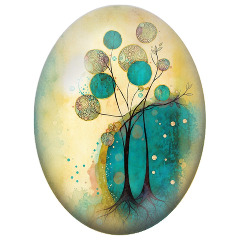 Cabochon en Verre Illustré Arbres Abstraits aux Cercles Turquoise 13x18, 18x25 ou 30x40mm