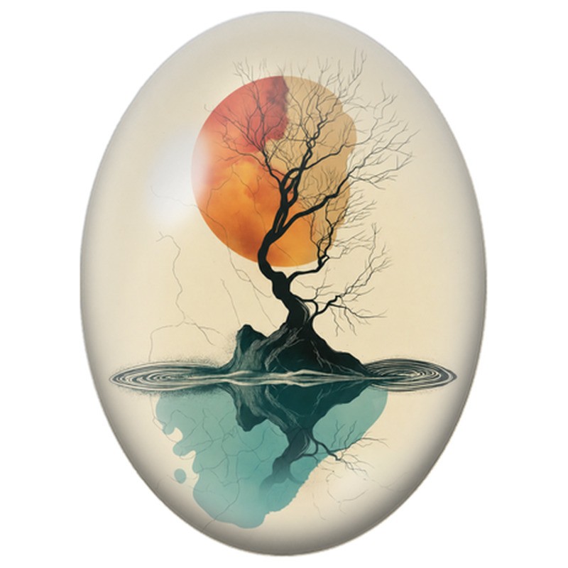 Cabochon en Verre Illustré Arbre Refleté entre Soleil et Eau 13x18, 18x25 ou 30x40mm