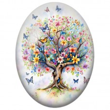 Cabochon en Verre Illustré Arbre Fleuri aux Papillons Colorés 13x18, 18x25 ou 30x40mm pour la Création de Bijoux Fantaisie - DIY