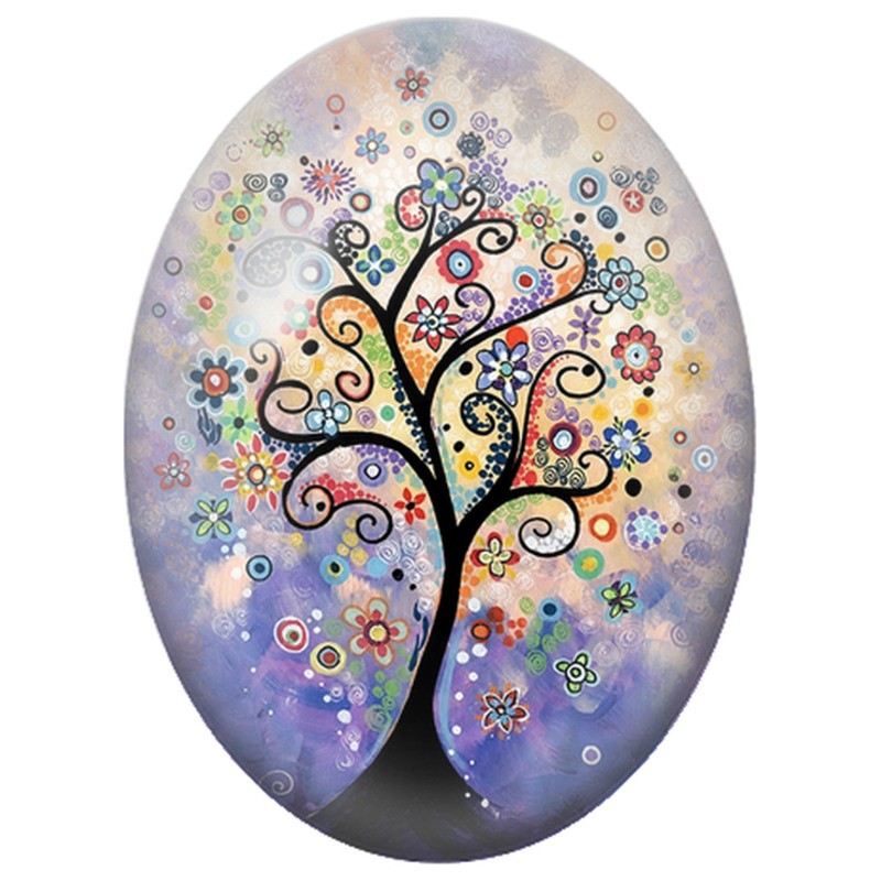 Cabochon en Verre Illustré Arbre Doodle aux Fleurs et aux Spirales 13x18, 18x25 ou 30x40mm