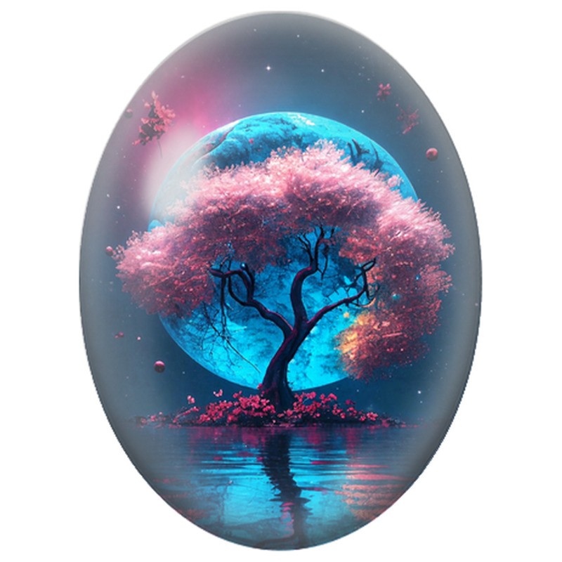 Cabochon en Verre Illustré Arbre Rose sous une Planète Bleue 13x18, 18x25 ou 30x40mm
