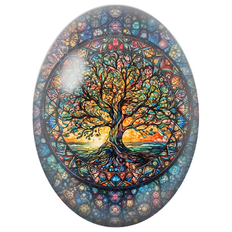 Cabochon en Verre Illustré Arbre de Vie en Vitrail Coloré 13x18, 18x25 ou 30x40mm