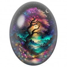 Cabochon en Verre Illustré Arbre Cosmique au Clair de Lune 13x18, 18x25 ou 30x40mm pour la Création de Bijoux Fantaisie - DIY