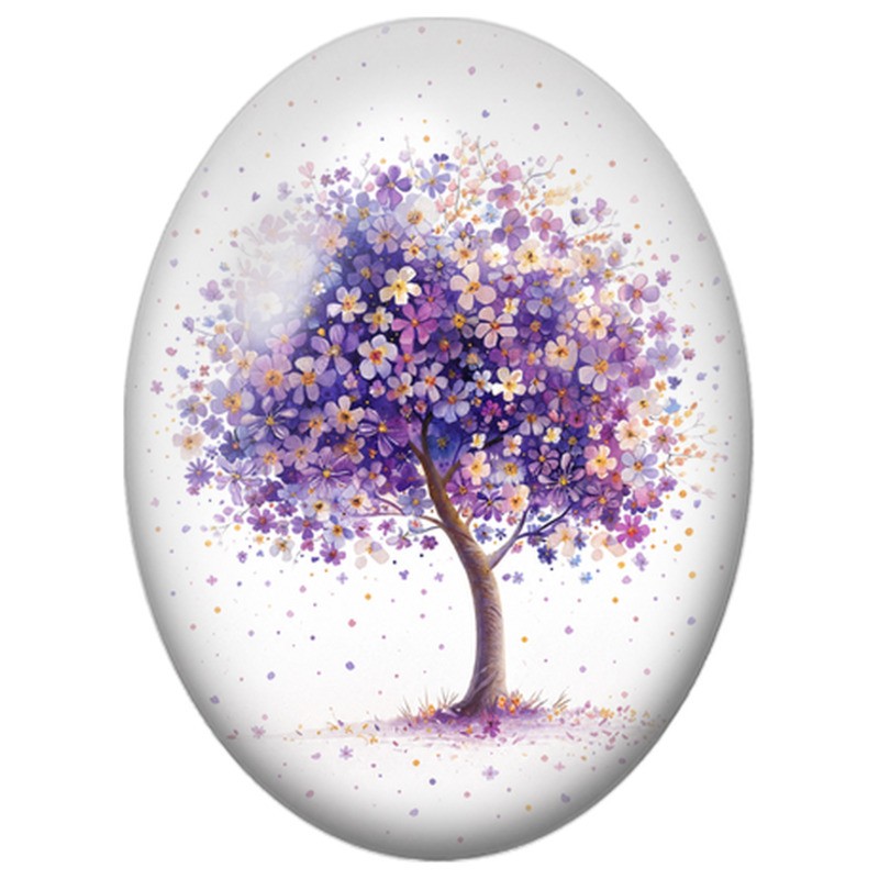 Cabochon en Verre Illustré Arbre Fleuri Violet 13x18, 18x25 ou 30x40mm