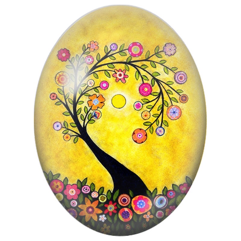 Cabochon en Verre Illustré Arbre Courbé aux Fleurs Rondes 13x18, 18x25 ou 30x40mm
